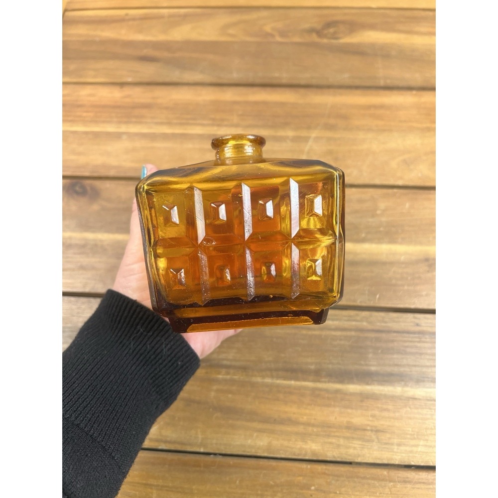 Vintage MCM Amber Glass Decanter Bottle Brutalist Geometric Design - Picture 2 of 9